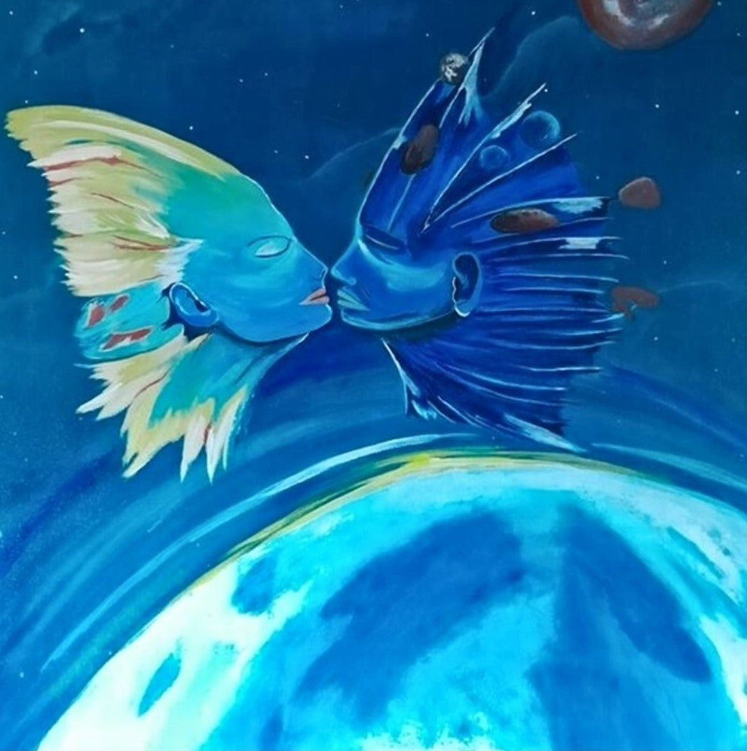 "Göttliches Liebesgeflüster" von Petra Bigeschke, ein Acrylgemälde auf Leinwand im Format 100x100 cm. Das Werk zeigt in leuchtenden Farben zwei Figuren, die sich ineinander verschmelzen und von oben geführt werden.