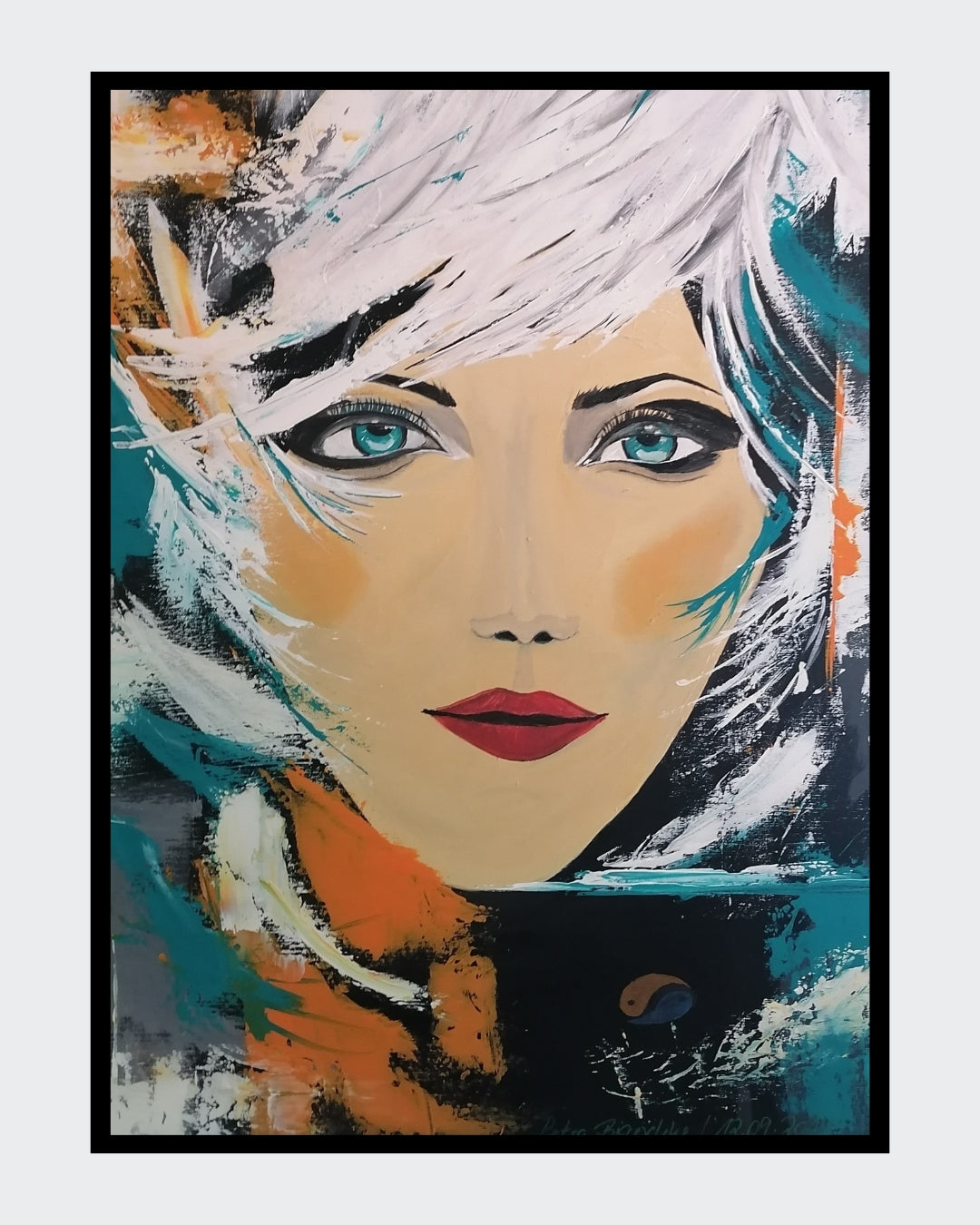 Abstraktes Acrylgemälde "Geheimnisvolle Lady" von Petra Bigeschke. Eine Frau mit geheimnisvollem Blick, die Schönheit, Klarheit und Verwundbarkeit ausstrahlt. Bei FemArtSPACE.