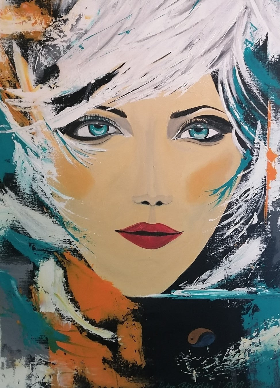 Abstraktes Acrylgemälde "Geheimnisvolle Lady" von Petra Bigeschke. Eine Frau mit geheimnisvollem Blick, die Schönheit, Klarheit und Verwundbarkeit ausstrahlt. Bei FemArtSPACE.