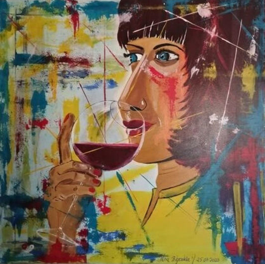 Abstraktes Acrylgemälde von Petra Bigeschke in leuchtenden Farben. Die Leinwand misst 100x100 cm und zeigt eine dynamische Komposition, die Freude und Leichtigkeit ausstrahlt. Bei FemArtSPACE.