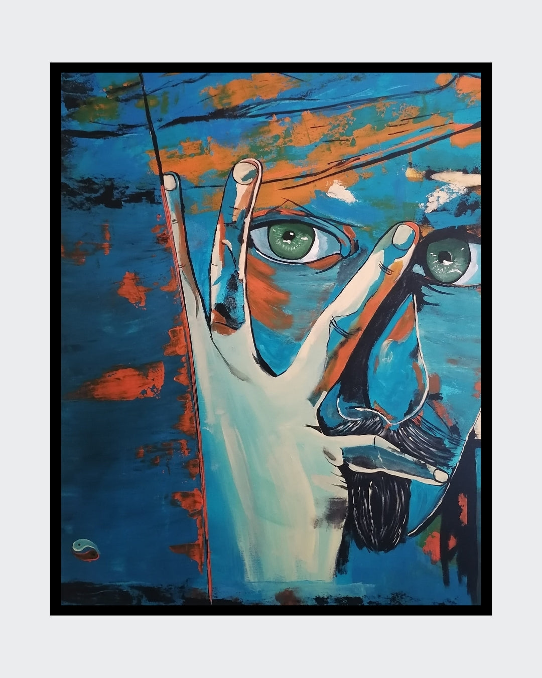 Ein abstraktes Gemälde von Petra Bigeschke, das einen Denker inmitten seiner Gedanken zeigt. Bei FemArtSPACE.