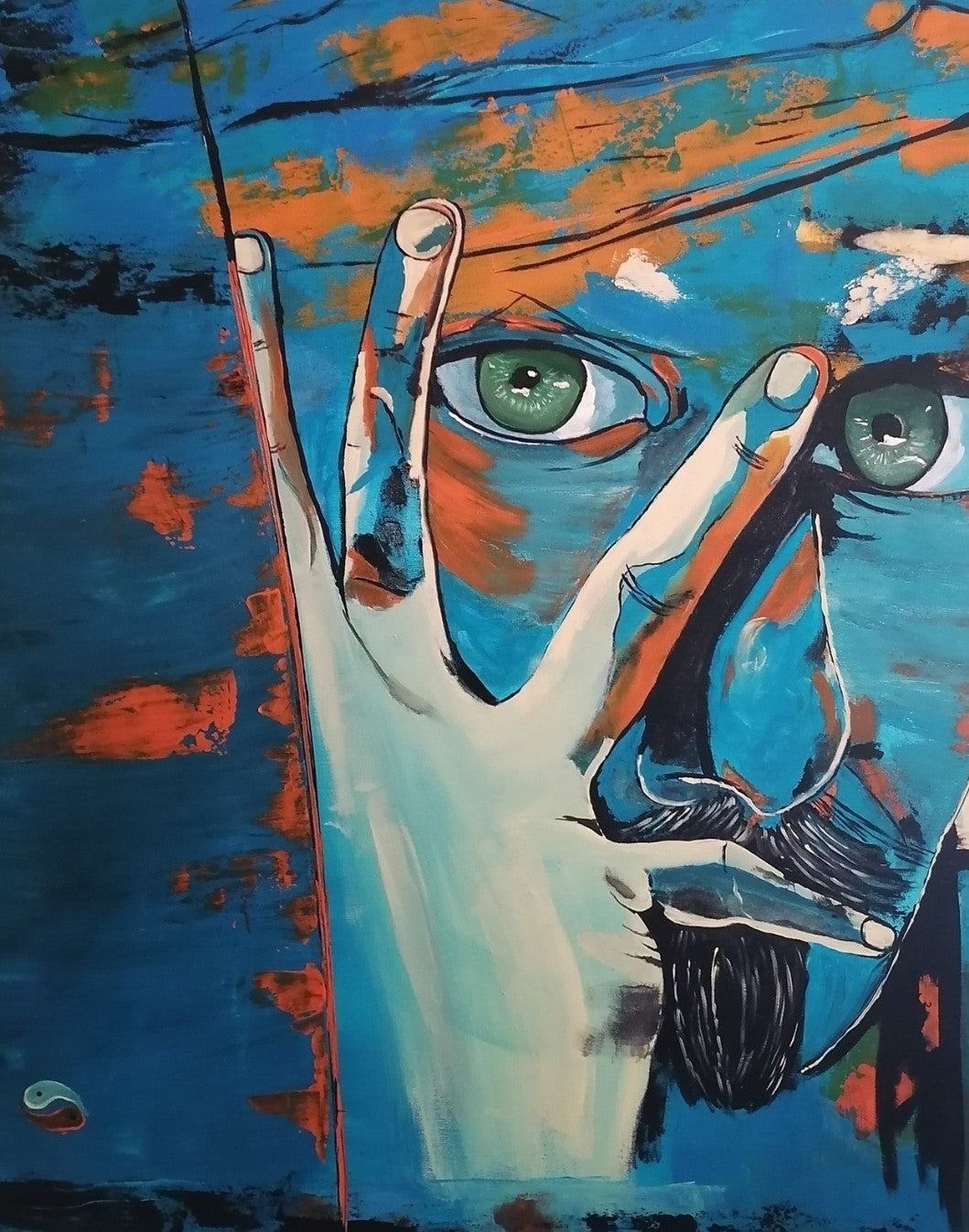 Ein abstraktes Gemälde von Petra Bigeschke, das einen Denker inmitten seiner Gedanken zeigt. Bei FemArtSPACE.