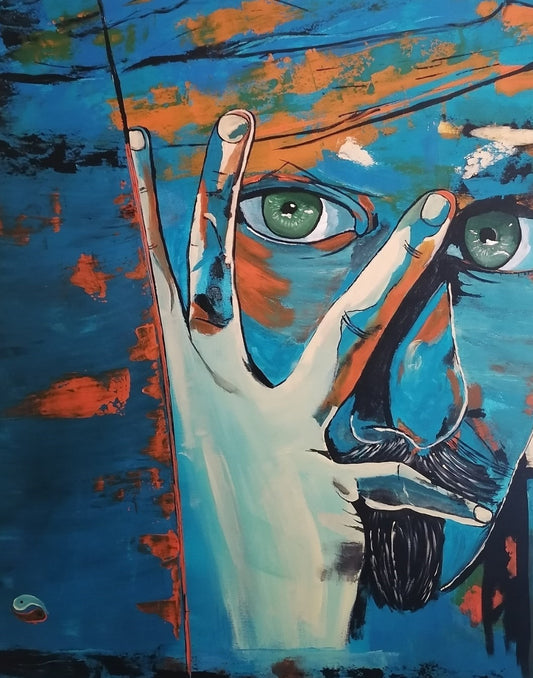 Ein abstraktes Gemälde von Petra Bigeschke, das einen Denker inmitten seiner Gedanken zeigt. Bei FemArtSPACE.