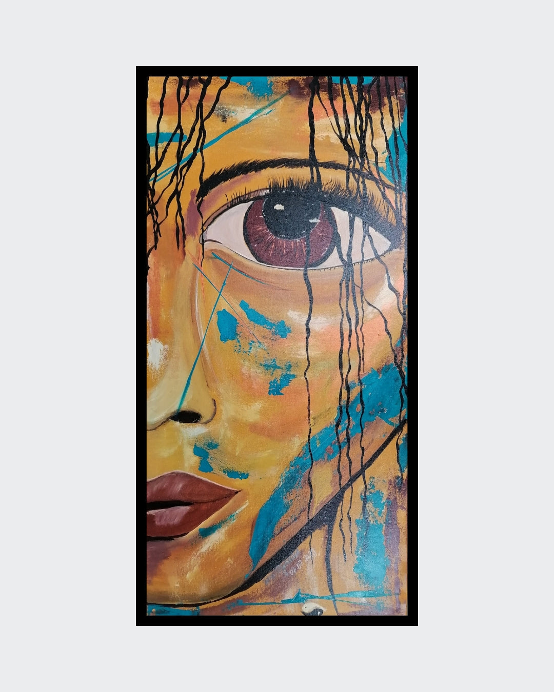 Abstraktes Acrylgemälde in kräftigen Farben von Petra Bigeschke, "Trotzkopf" betitelt. Es zeigt einen Kopf mit markanten Lippen, die das Bild abrunden. Bei FemArtSPACE.