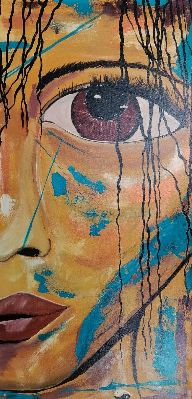 Abstraktes Acrylgemälde in kräftigen Farben von Petra Bigeschke, "Trotzkopf" betitelt. Es zeigt einen Kopf mit markanten Lippen, die das Bild abrunden. Bei FemArtSPACE.