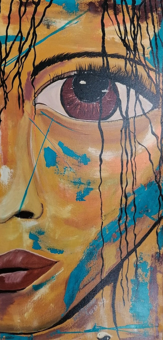 Abstraktes Acrylgemälde in kräftigen Farben von Petra Bigeschke, "Trotzkopf" betitelt. Es zeigt einen Kopf mit markanten Lippen, die das Bild abrunden. Bei FemArtSPACE.