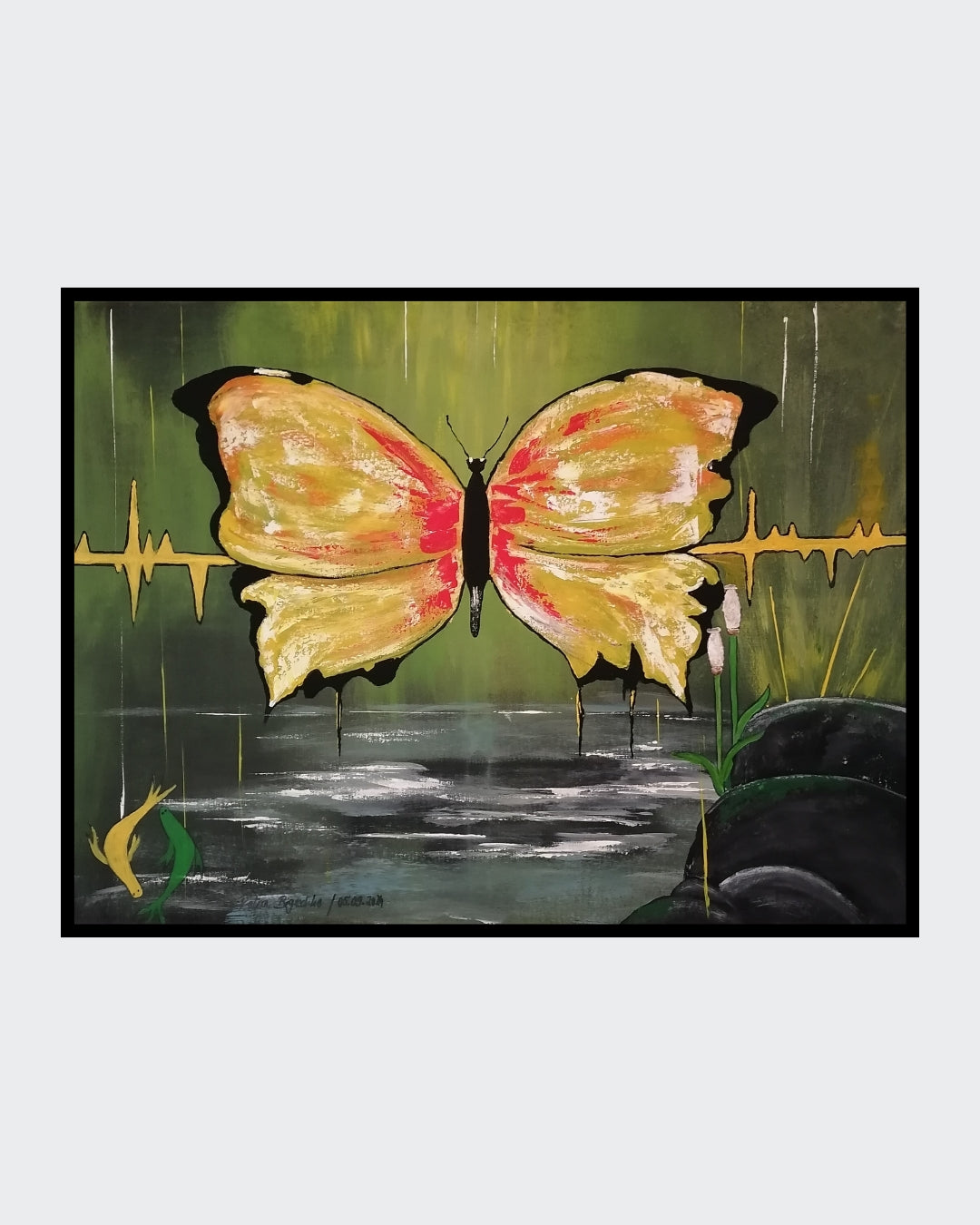 Abstraktes Acrylgemälde "Herzschlag der Natur" von Petra Bigeschke. Ein Schmetterling mit ausgebreiteten Flügeln, der Freiheit und Wachstum symbolisiert.