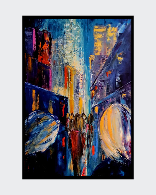 Das Gemälde “Cityglow” von Petra Erengil zeigt eine lebhafte Straßenszene bei Nacht. Hohe Gebäude säumen die Straße, die von Menschenmengen belebt ist. Die pastöse Spachteltechnik mit Ölfarben verleiht dem Bild eine faszinierende Struktur und Tiefe, die die Energie und Dynamik des städtischen Lebens einfängt.