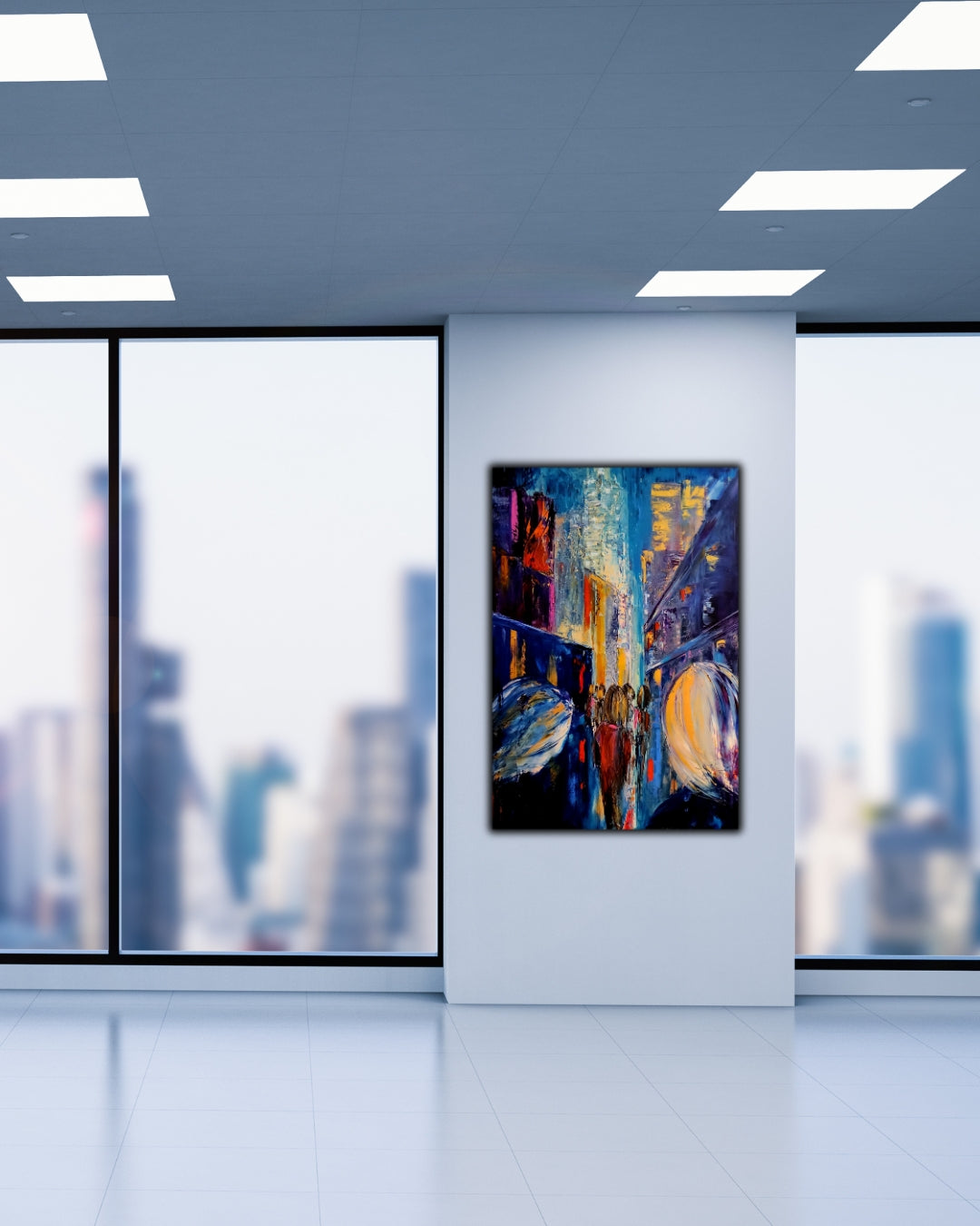 Das Gemälde “Cityglow” von Petra Erengil zeigt eine lebhafte Straßenszene bei Nacht. Hohe Gebäude säumen die Straße, die von Menschenmengen belebt ist. Die pastöse Spachteltechnik mit Ölfarben verleiht dem Bild eine faszinierende Struktur und Tiefe, die die Energie und Dynamik des städtischen Lebens einfängt.