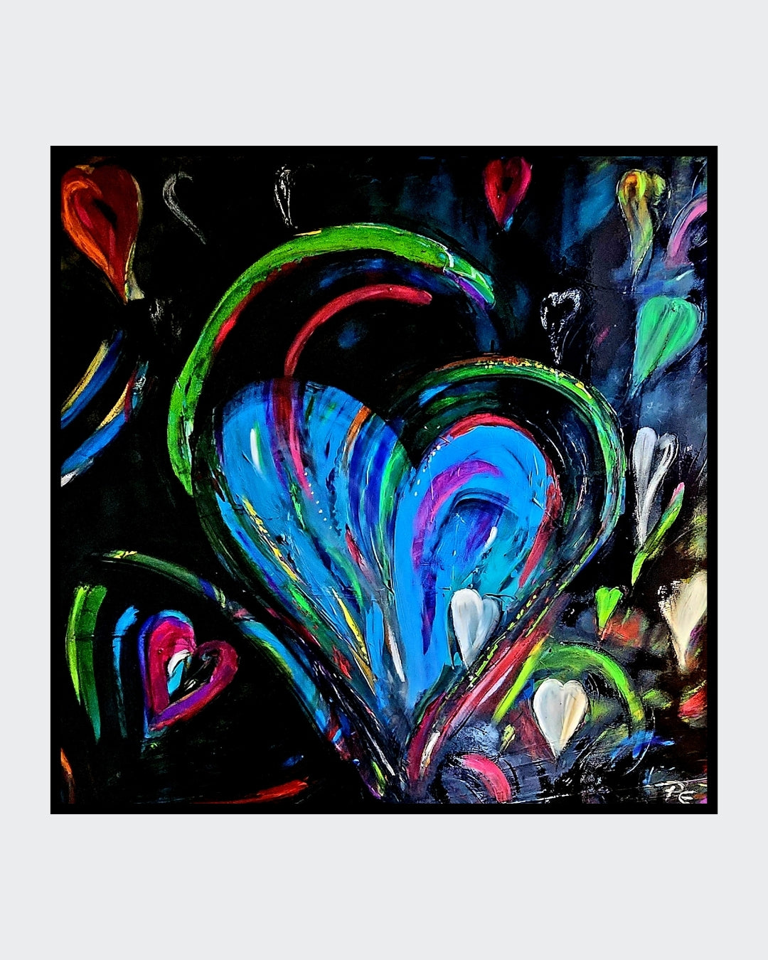 Ein quadratisches Gemälde (1x1 Meter) in Acryl auf Leinwand. Lebendige Herzformen in Blau, Grün, Rot und Weiß heben sich vor einem tiefschwarzen Hintergrund ab. Die Herzen sind geschwungen und teils ineinander verschlungen, mit dynamischen Farbakzenten, die Energie und Leidenschaft ausstrahlen.