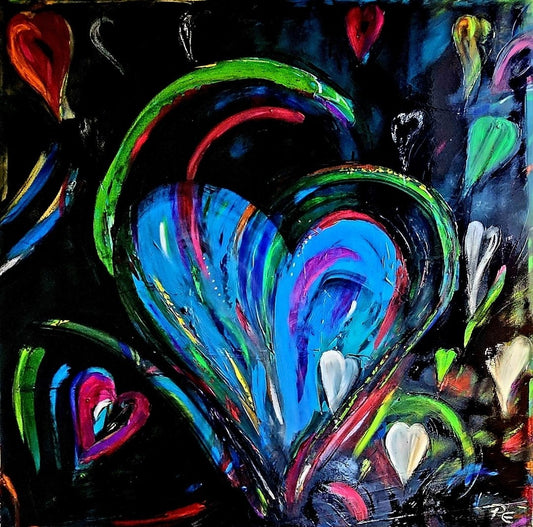 Ein quadratisches Gemälde (1x1 Meter) in Acryl auf Leinwand. Lebendige Herzformen in Blau, Grün, Rot und Weiß heben sich vor einem tiefschwarzen Hintergrund ab. Die Herzen sind geschwungen und teils ineinander verschlungen, mit dynamischen Farbakzenten, die Energie und Leidenschaft ausstrahlen.