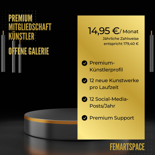 Das Bild bewirbt die Künstler Premium-Mitgliedschaft für 14,95 € pro Monat (entspricht 179,40 € jährlich).