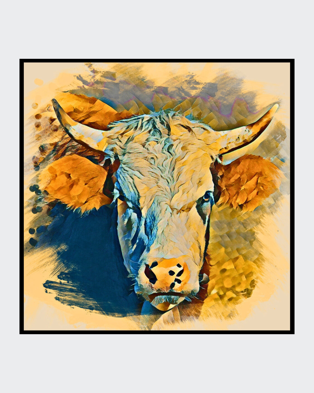 Digital bearbeitetes Porträt einer Kuh mit großen, ausdrucksstarken Augen und markanten Hörnern. Das Bild ist auf Leinwand mit Keilrahmen gespannt und zeigt eine detailreiche Darstellung des Tieres. Von Ralf Sempf bei FemArtSPACE