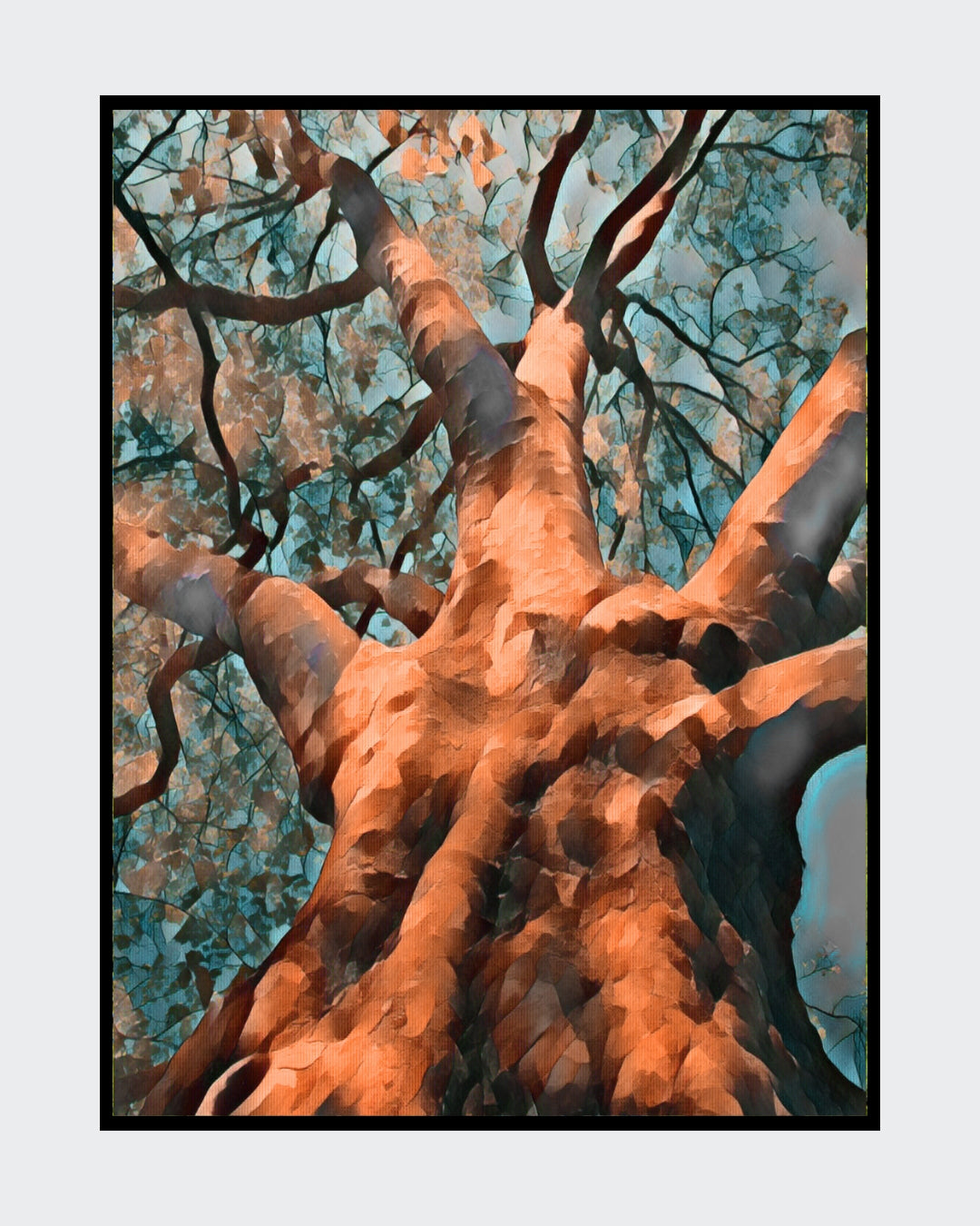 Digitale Fotografie auf Leinwand von Ralf Sempf, Titel: "Himmelwärts strebend", 80 x 60 cm, Leinwand mit Keilrahmen, expressive Bearbeitung, warme Orangetöne, bläulich-grüne Blätter, Froschperspektive, kraftvolle Darstellung eines Baumes, einzigartige Textur. Bei FemArtSPACE.