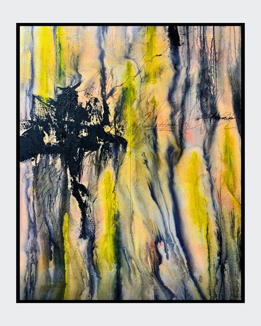 Abstraktes Gemälde von Sigrid Bautze-Klinder mit dynamischem Zusammenspiel von gelben und schwarzen Strichen auf einem strukturierten grauen Hintergrund, das Bewegung und Emotionen hervorruft. Perfekt für moderne Kunstliebhaber. FemArtSPACE Kunst-Onlineshop.