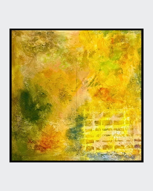 Abstraktes Gemälde ‘Sonnengeflecht’ von Sigrid Bautze-Klinder, ausgestellt bei FemArtSPACE. Das Kunstwerk besticht durch eine warme Farbpalette aus Gelb-, Gold- und Grüntönen mit weißen Akzenten und subtilen Texturen. Ein gitterartiges Muster im unteren Bereich verleiht der Komposition Struktur, während die fließenden, organischen Formen eine dynamische und strahlende Wirkung erzeugen.