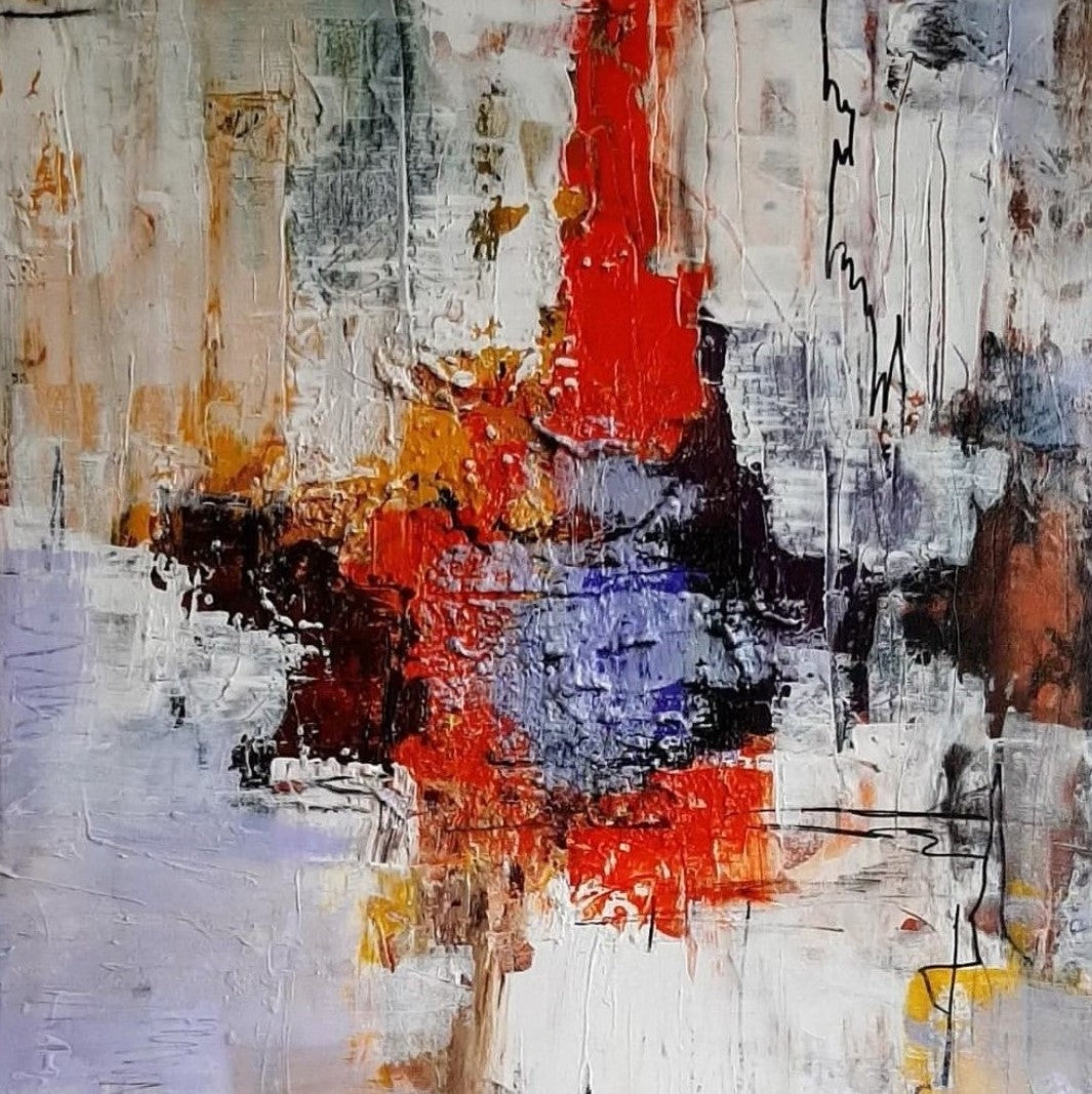 “Emotionen” von Sigrid Bautze-Klinder, 50 x 50 cm, Acryl auf Leinwand. Abstrakte Komposition in Weiß-, Rot-, Orange-, Blau- und Brauntönen. Scharfe Linien, Tropfen und Farbblöcke thematisieren menschliche Emotionen. Bei FemArtSPACE Kunst-Onlineshop.