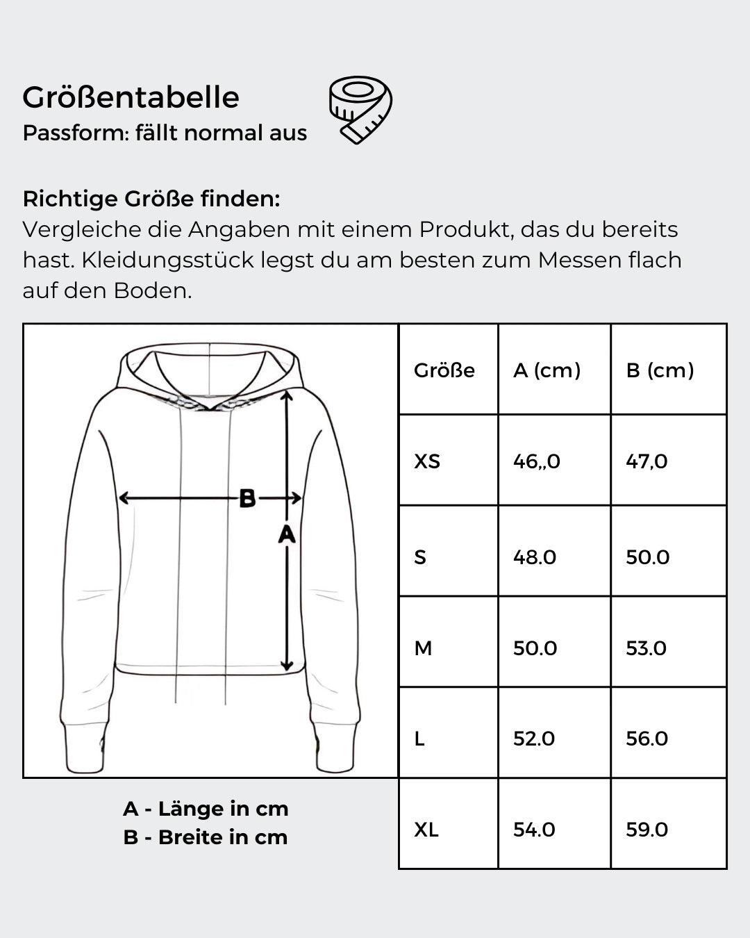Größentabelle für: Ein kurz geschnittener, rosafarbener Hoodie mit überschnittenen aSchultern. Extralange Bündchen mit Daumenloch und eine bedruckte Kunstgrafik auf der Vorderseite. Mode von Soulfashion Lyrikherz & Springer, erhältlich bei FEMARTSPACE.