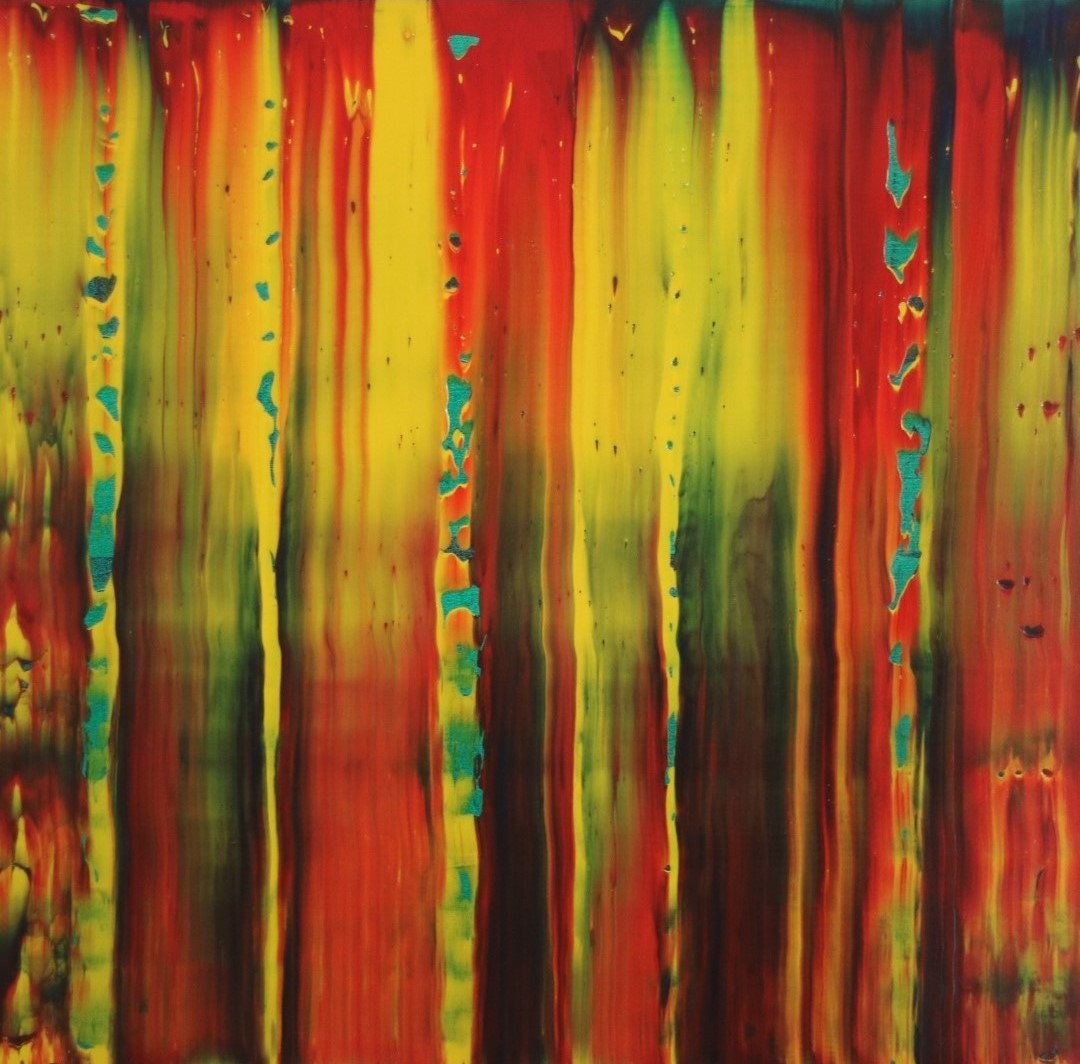 Das Kunstwerk von Stefan Vennemann zeigt eine abstrakte Komposition in leuchtenden Farben. Dominierend sind vertikale Streifen in Gelb, Rot und Grün, die sich wie fließende Farbbahnen über die gesamte Fläche erstrecken. Die Farben scheinen ineinander zu verlaufen, was dem Bild eine organische, flüssige Bewegung verleiht. Einige Bereiche sind mit leichten Farbabplatzungen in Türkis durchsetzt, die dem Bild zusätzliche Struktur verleihen. Insgesamt vermittelt das Werk ein dynamisches und intensives Farbspiel.