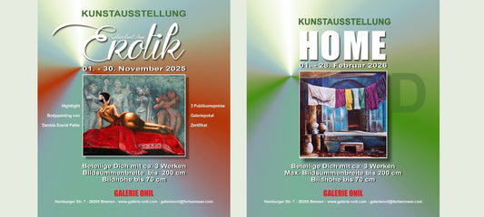 Plakate der Galerie ONIL für die Kunstausstellungen „Schönheit der Erotik“ (November 2025) und „HOME“ (Februar 2026) in Bremen.