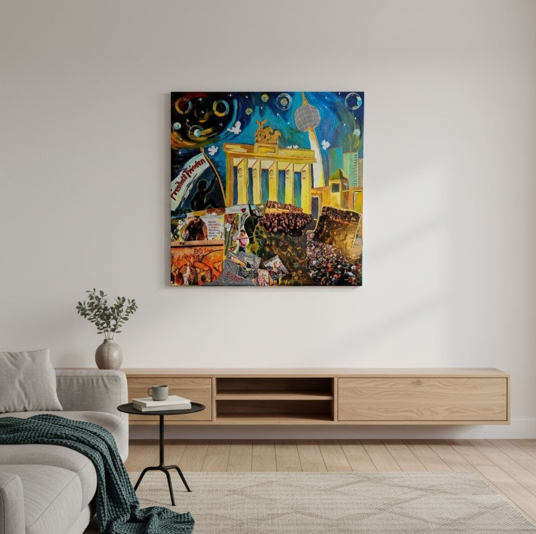 Gemälde "Frieden und Freiheit" von Carina Teufel, zeigt eine abstrakte Darstellung von harmonischen Elementen, die Frieden und grenzenlose Freiheit symbolisieren. 