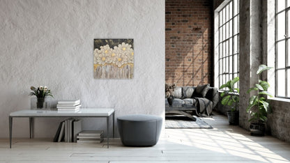 Quadratisches Acrylgemälde mit weißen Blüten auf dunklem Grund. Goldene Akzente in den Blüten und am unteren Bildrand. Tropfende Farbeffekt unter den Blüten.