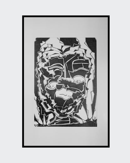Abstraktes, kubistisches Porträt 'Inked (2025)' von Melanie Zürn (Edding auf Zeichenpapier, 42x59,4cm). Das Werk zeigt ein stilisiertes Gesicht mit markanten Linien und Formen, die an den Kubismus erinnern. Die monochrome Farbgebung unterstreicht die grafische Wirkung des Bildes.
