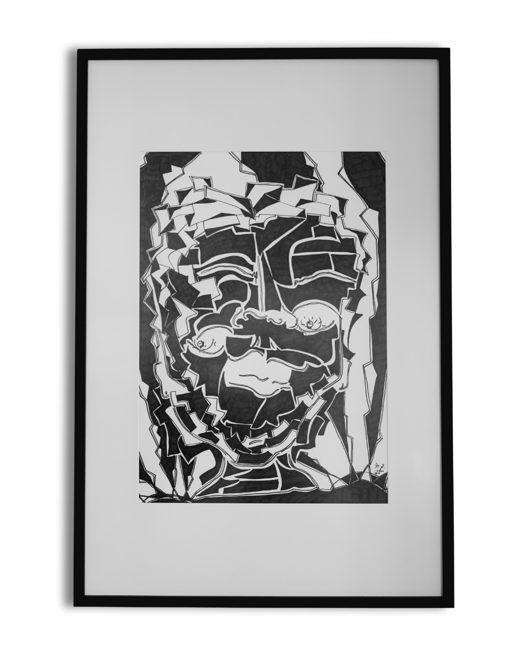 Abstraktes, kubistisches Porträt 'Inked (2025)' von Melanie Zürn (Edding auf Zeichenpapier, 42x59,4cm). Das Werk zeigt ein stilisiertes Gesicht mit markanten Linien und Formen, die an den Kubismus erinnern. Die monochrome Farbgebung unterstreicht die grafische Wirkung des Bildes.