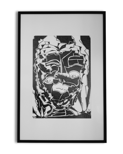 Abstraktes, kubistisches Porträt 'Inked (2025)' von Melanie Zürn (Edding auf Zeichenpapier, 42x59,4cm). Das Werk zeigt ein stilisiertes Gesicht mit markanten Linien und Formen, die an den Kubismus erinnern. Die monochrome Farbgebung unterstreicht die grafische Wirkung des Bildes.