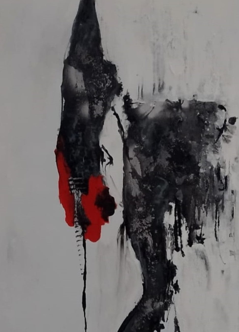 Abstraktes Gemälde "Bewegung in Schwarz und Rot" von Olga Kühn (100x80 cm). Minimalistische Mischtechnik auf Leinwand mit starken Kontrasten.