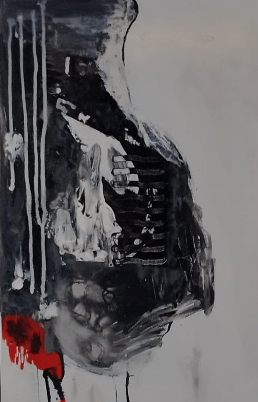 Abstraktes Gemälde "Bewegung in Schwarz und Rot" von Olga Kühn (100x80 cm). Minimalistische Mischtechnik auf Leinwand mit starken Kontrasten.