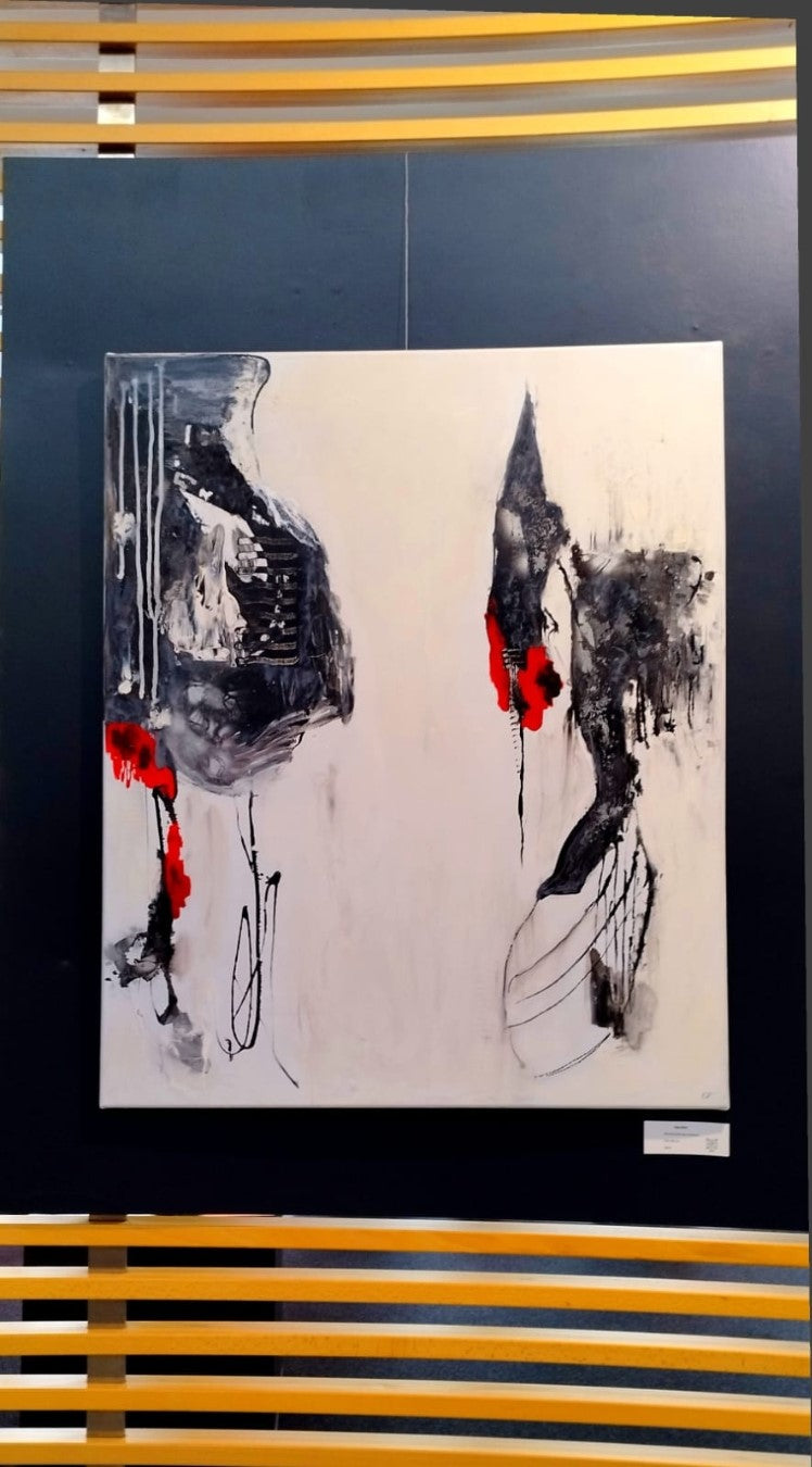 Abstraktes Gemälde "Bewegung in Schwarz und Rot" von Olga Kühn (100x80 cm). Minimalistische Mischtechnik auf Leinwand mit starken Kontrasten.