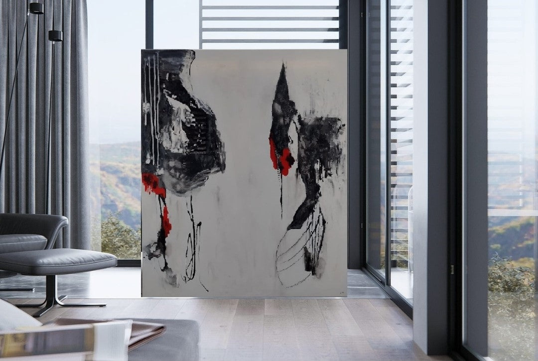 Abstraktes Gemälde "Bewegung in Schwarz und Rot" von Olga Kühn (100x80 cm). Minimalistische Mischtechnik auf Leinwand mit starken Kontrasten.