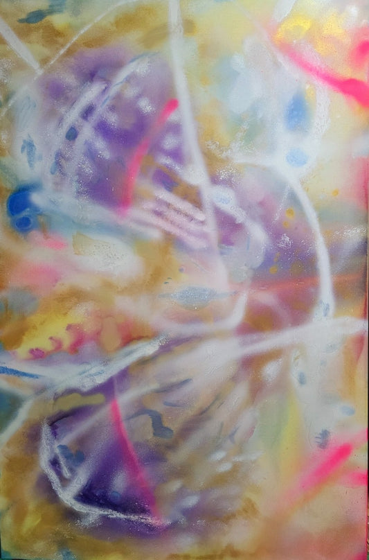 Großformatiges abstraktes Acrylgemälde "Diamant" von Sandra Conrad, dominiert von einer Mischung aus zarten Pastellfarben, Gold, Gelb und leuchtendem Pink. Die Fließtechnik erzeugt eine tiefgründige, dynamische Komposition mit hellen Lichtlinien.