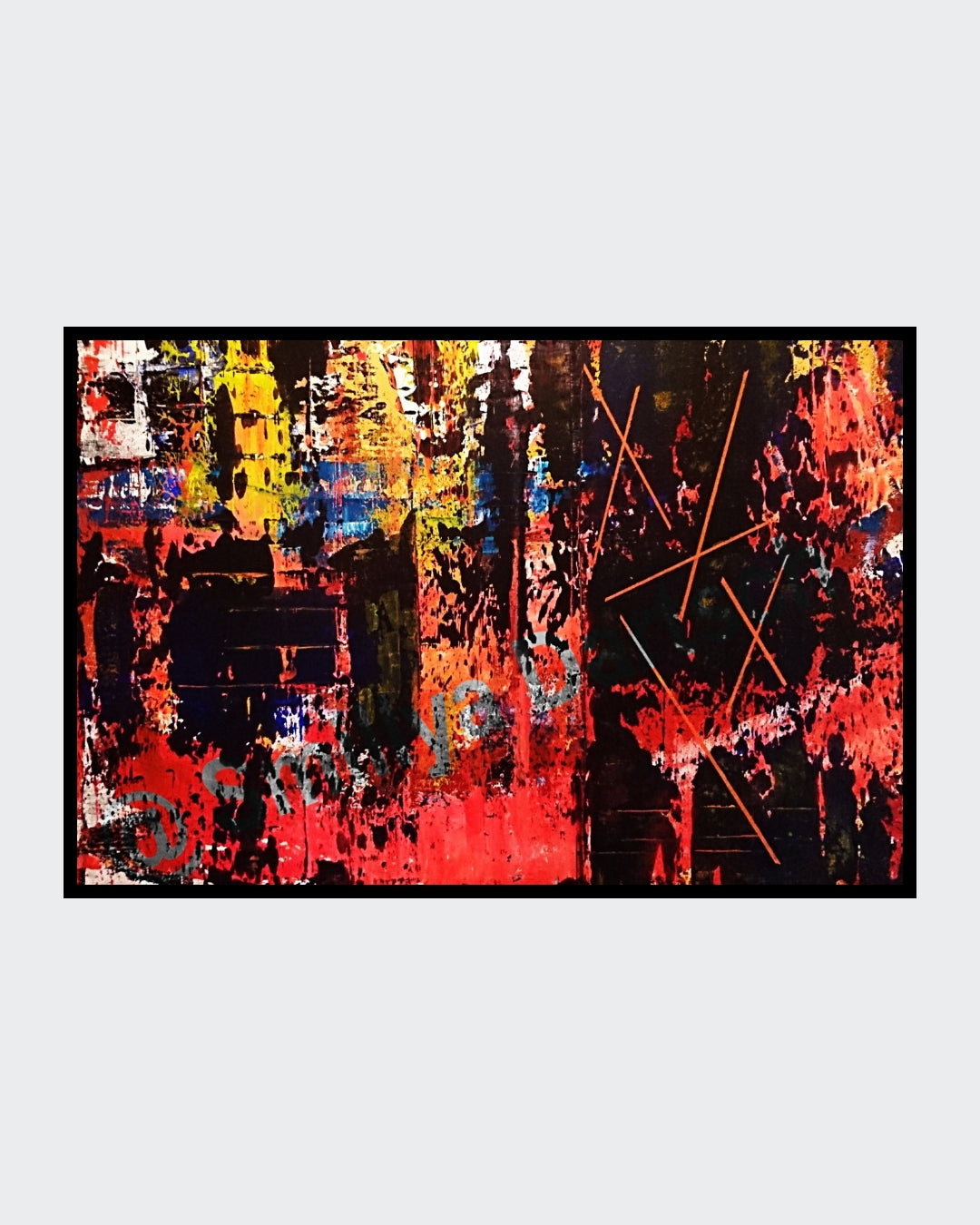 Abstraktes Acrylgemälde von Smillya Dartsch mit dem Titel 'Abstract Painting Demonstration'. Das Bild zeigt eine lebhafte Mischung aus Farben, darunter Rot, Schwarz, Gelb und Blau, mit einer Textur, die Zerrissenheit und Hoffnung symbolisiert. Auf der rechten Seite sind angedeutete menschliche Figuren zu sehen, die Furcht ausdrücken, während die linke Seite Hoffnung vermittelt. Orange Linien durchziehen das Bild. Das Gemälde ist auf einem Keilrahmen gefertigt und mit einem Schattenfugenrahmen versehen. 