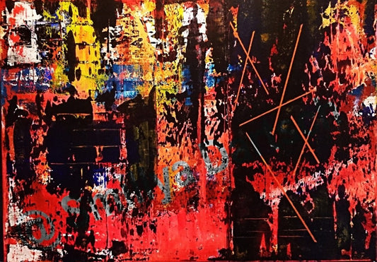 Abstraktes Acrylgemälde von Smillya Dartsch mit dem Titel 'Abstract Painting Demonstration'. Das Bild zeigt eine lebhafte Mischung aus Farben, darunter Rot, Schwarz, Gelb und Blau, mit einer Textur, die Zerrissenheit und Hoffnung symbolisiert. Auf der rechten Seite sind angedeutete menschliche Figuren zu sehen, die Furcht ausdrücken, während die linke Seite Hoffnung vermittelt. Orange Linien durchziehen das Bild. Das Gemälde ist auf einem Keilrahmen gefertigt und mit einem Schattenfugenrahmen versehen. 