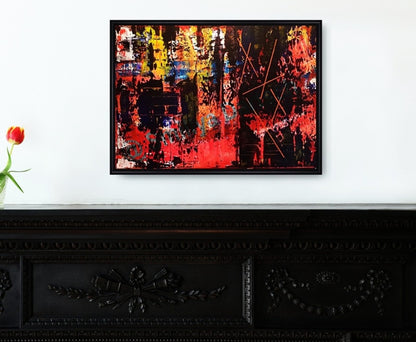 Abstraktes Acrylgemälde von Smillya Dartsch mit dem Titel 'Abstract Painting Demonstration'. Das Bild zeigt eine lebhafte Mischung aus Farben, darunter Rot, Schwarz, Gelb und Blau, mit einer Textur, die Zerrissenheit und Hoffnung symbolisiert. Auf der rechten Seite sind angedeutete menschliche Figuren zu sehen, die Furcht ausdrücken, während die linke Seite Hoffnung vermittelt. Orange Linien durchziehen das Bild. Das Gemälde ist auf einem Keilrahmen gefertigt und mit einem Schattenfugenrahmen versehen. 