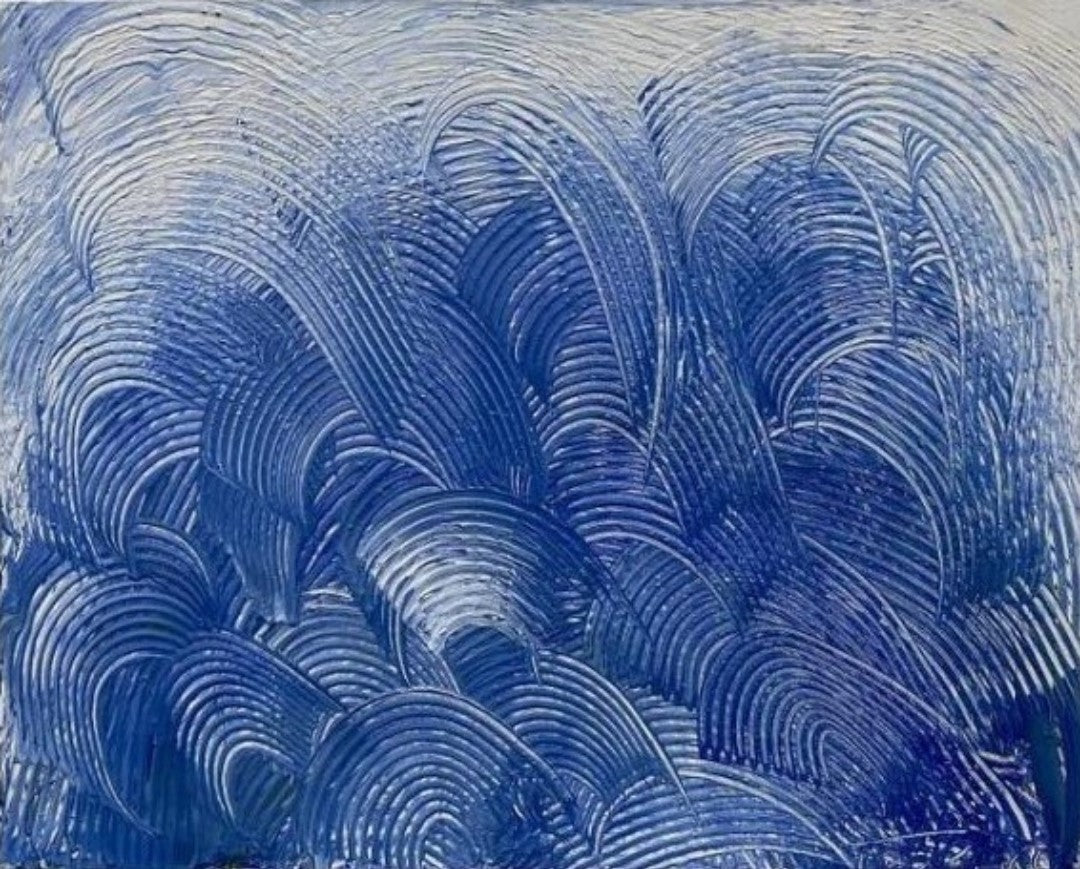 Acrylgemälde „Blaue Wellen“ von Federica: dynamische, wellenartige Strukturen in intensiven Blautönen auf Leinwand, 80 x 100 cm