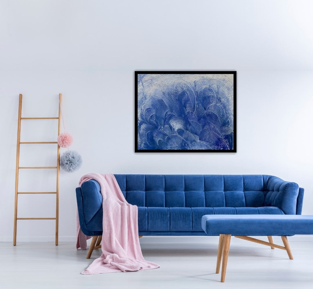 Acrylgemälde „Blaue Wellen“ von Federica: dynamische, wellenartige Strukturen in intensiven Blautönen auf Leinwand, 80 x 100 cm