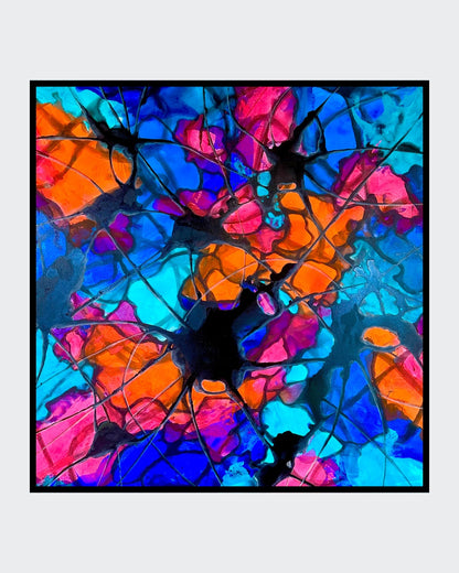 Abstraktes Gemälde „Vernetze 2“ von Sabine Hoch-Himmighofen in leuchtendem Blau, Orange und Pink. Schwarze, netzartige Strukturen, die einem Nervensystem ähneln, durchziehen dynamisch die hellen Farbfelder und erzeugen eine hohe visuelle Energie.