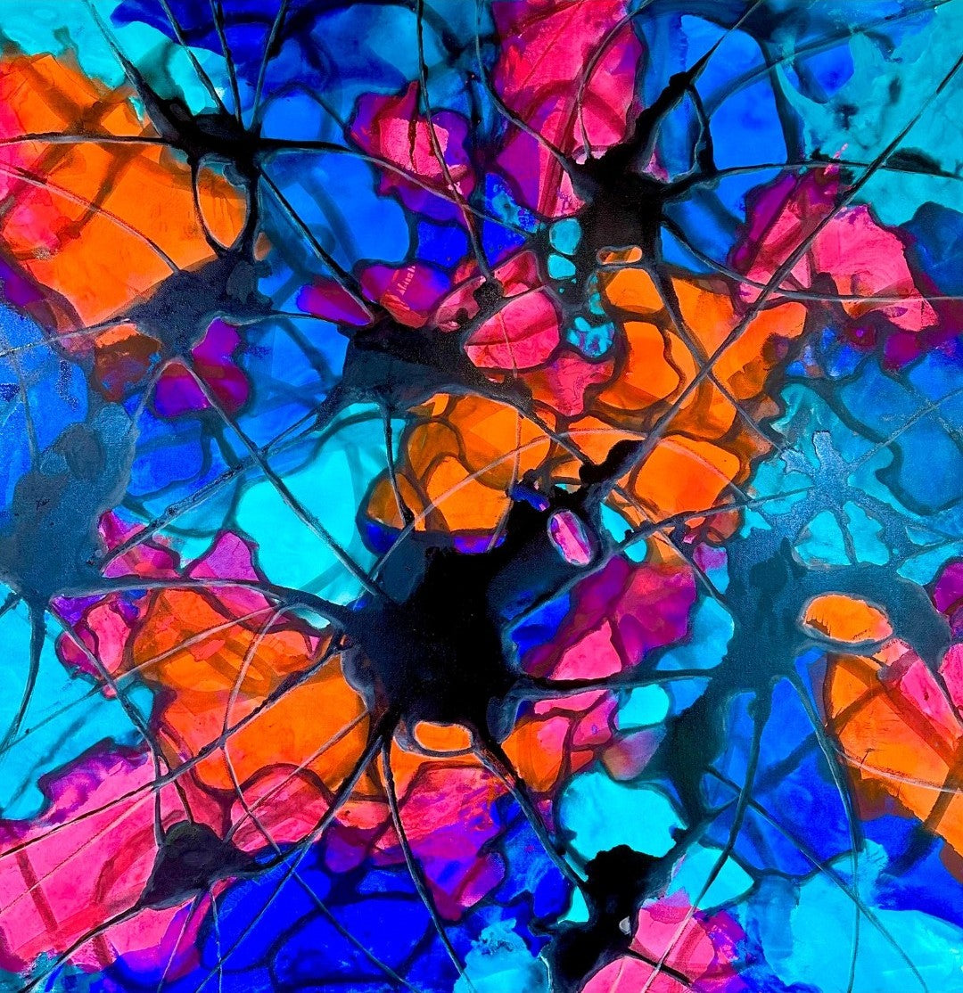 Abstraktes Gemälde „Vernetze 2“ von Sabine Hoch-Himmighofen in leuchtendem Blau, Orange und Pink. Schwarze, netzartige Strukturen, die einem Nervensystem ähneln, durchziehen dynamisch die hellen Farbfelder und erzeugen eine hohe visuelle Energie.