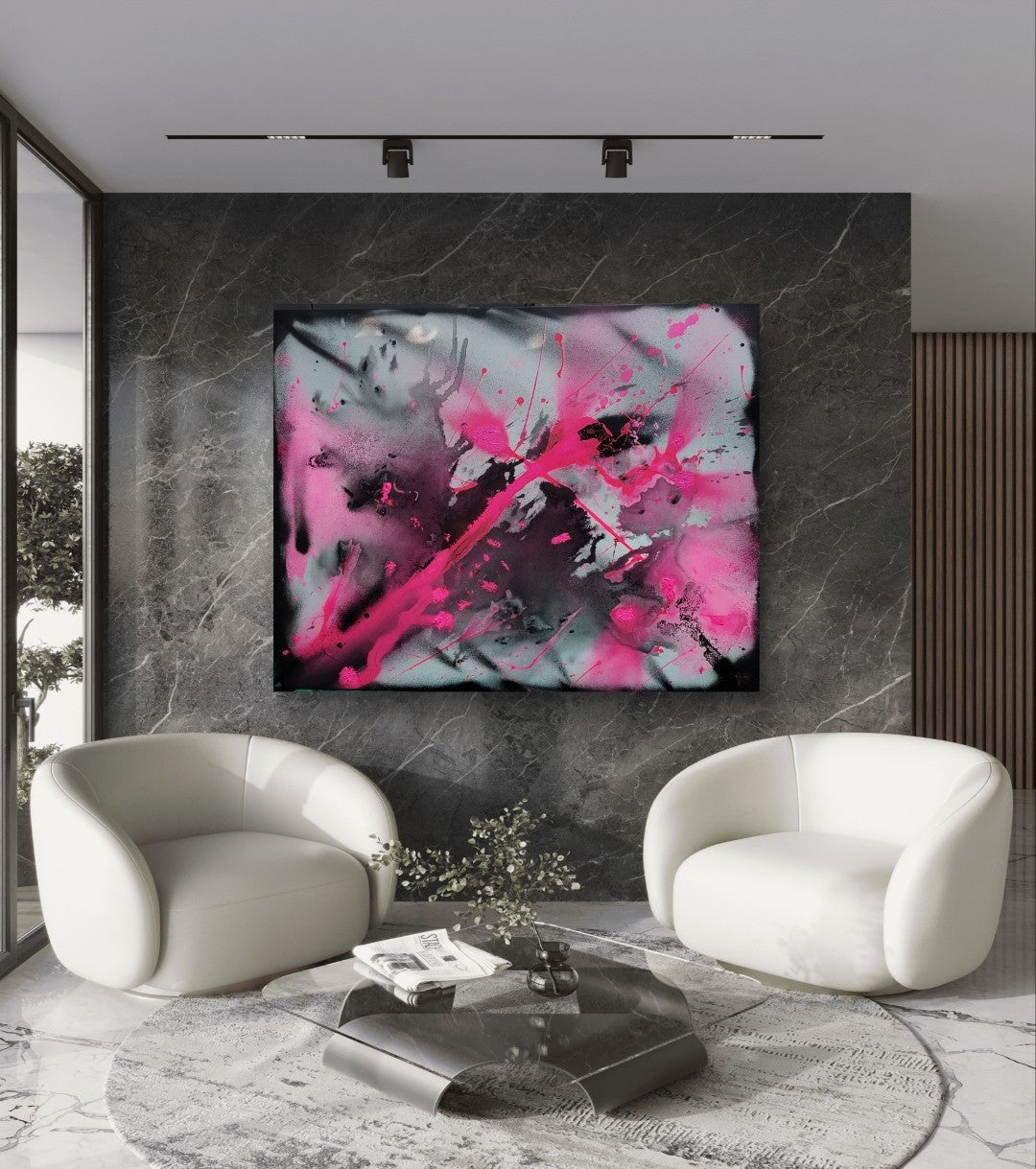 Abstraktes Gemälde "Two Face" von Sandra Conrad, dominiert von leuchtendem Pink und tiefem Schwarz auf grauem Untergrund, mit dynamischen Farbspritzern und fließenden Formen.