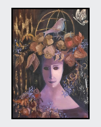 Gemälde "Lady Night" von Vera Stein: Eine Frauengestalt mit hellem, maskenhaftem Gesicht. Ihr Kopfschmuck besteht aus gold-braunen Rosen, einem Vogel in einem Käfig und einem schwebenden weißen Schmetterling. Der Hintergrund ist dunkel, akzentuiert mit Gold. Eine mystische, verträumte Atmosphäre.