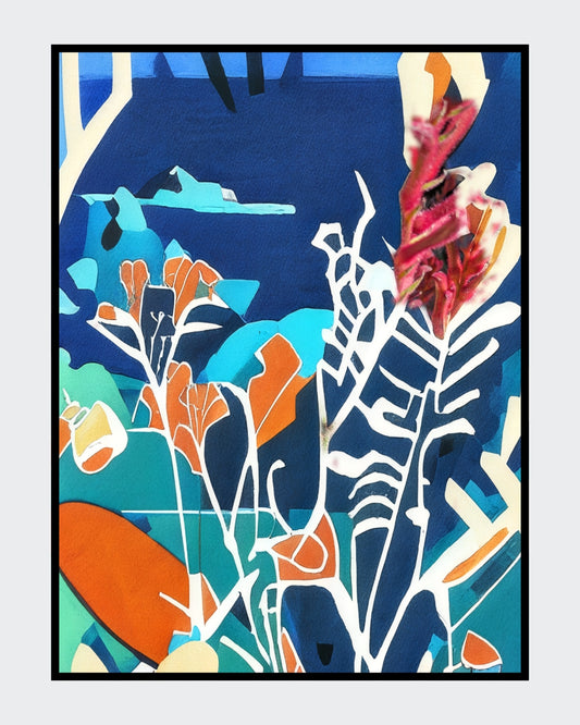 Angelika Wesener: Abstraktes Acrylgemälde "Artemisia". Stilisierte florale Formen in Blau, Türkis und Orange, 40x30 cm.