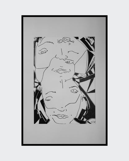 "Bipolarity I/II" von Melanie Zürn, 2025. Ein hochformatiges, schwarz-weißes Porträt im kubistischen Stil. Dargestellt ist eine menschliche Figur, die durch klare Linien und geometrische Formen abstrahiert wird. Die Arbeit verwendet Edding auf Zeichenpapier. Größe: 42 cm x 59,4 cm (ohne Rahmen). 
