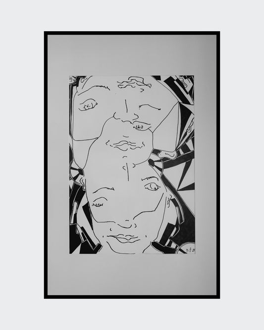 "Bipolarity I/II" von Melanie Zürn, 2025. Ein hochformatiges, schwarz-weißes Porträt im kubistischen Stil. Dargestellt ist eine menschliche Figur, die durch klare Linien und geometrische Formen abstrahiert wird. Die Arbeit verwendet Edding auf Zeichenpapier. Größe: 42 cm x 59,4 cm (ohne Rahmen). 