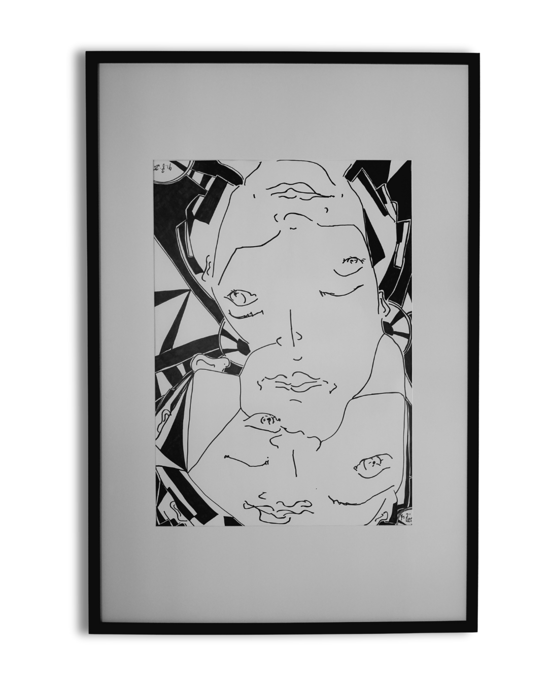 "Bipolarity I/II" von Melanie Zürn, 2025. Ein hochformatiges, schwarz-weißes Porträt im kubistischen Stil. Dargestellt ist eine menschliche Figur, die durch klare Linien und geometrische Formen abstrahiert wird. Die Arbeit verwendet Edding auf Zeichenpapier. Größe: 42 cm x 59,4 cm (ohne Rahmen). 