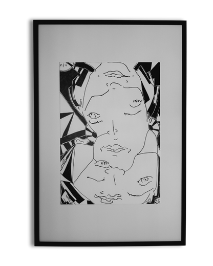 "Bipolarity I/II" von Melanie Zürn, 2025. Ein hochformatiges, schwarz-weißes Porträt im kubistischen Stil. Dargestellt ist eine menschliche Figur, die durch klare Linien und geometrische Formen abstrahiert wird. Die Arbeit verwendet Edding auf Zeichenpapier. Größe: 42 cm x 59,4 cm (ohne Rahmen). 
