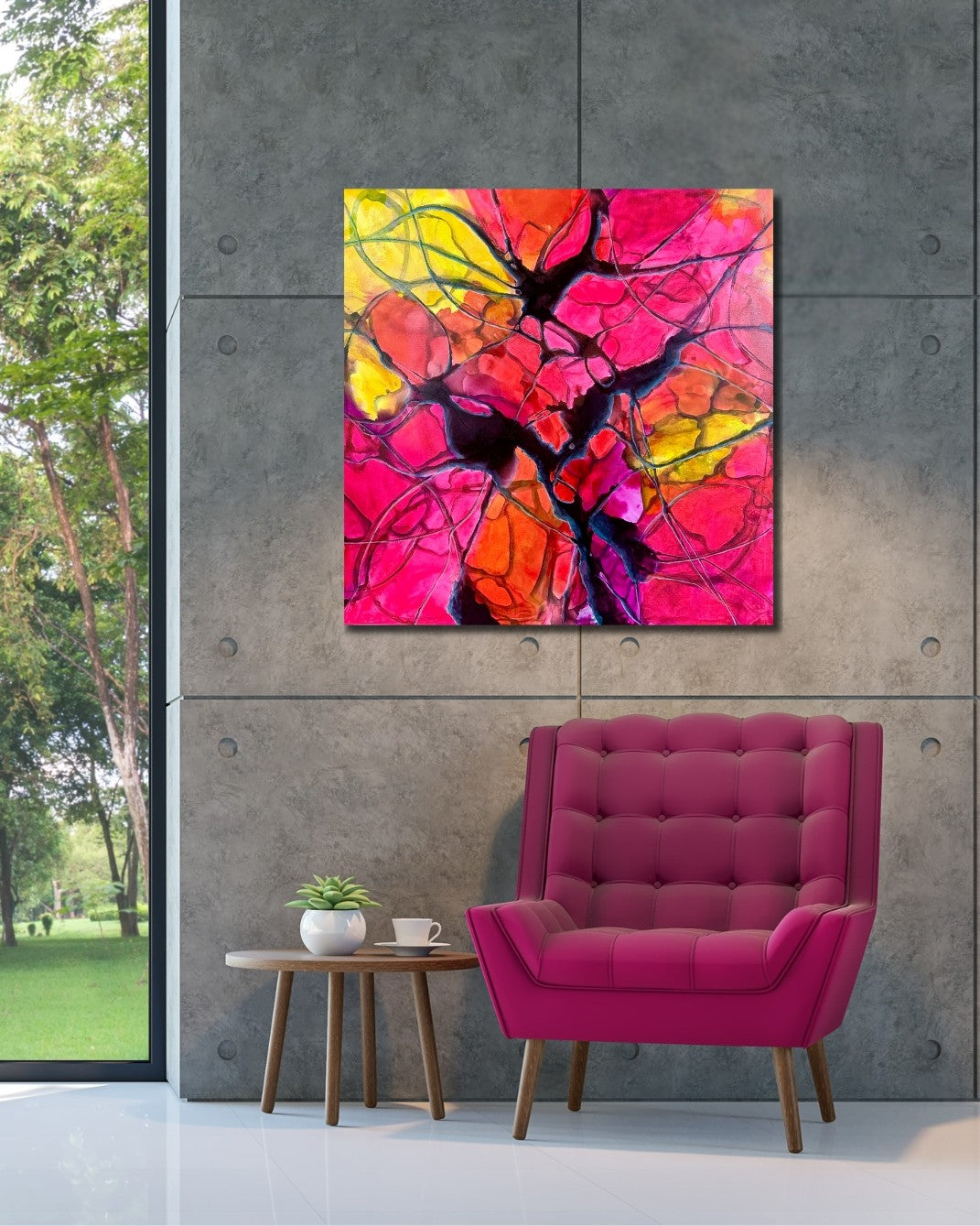 Abstraktes Gemälde „Vernetzt 3“ von Sabine Hoch-Himmighofen in leuchtendem Pink, warmem Gelb und Orange. Dicke schwarze Linien und Flecken, die an ein verzweigtes Nervensystem erinnern, durchziehen dynamisch die hellen Farbfelder. Das Bild wirkt energiegeladen und strahlt Bewegung aus.