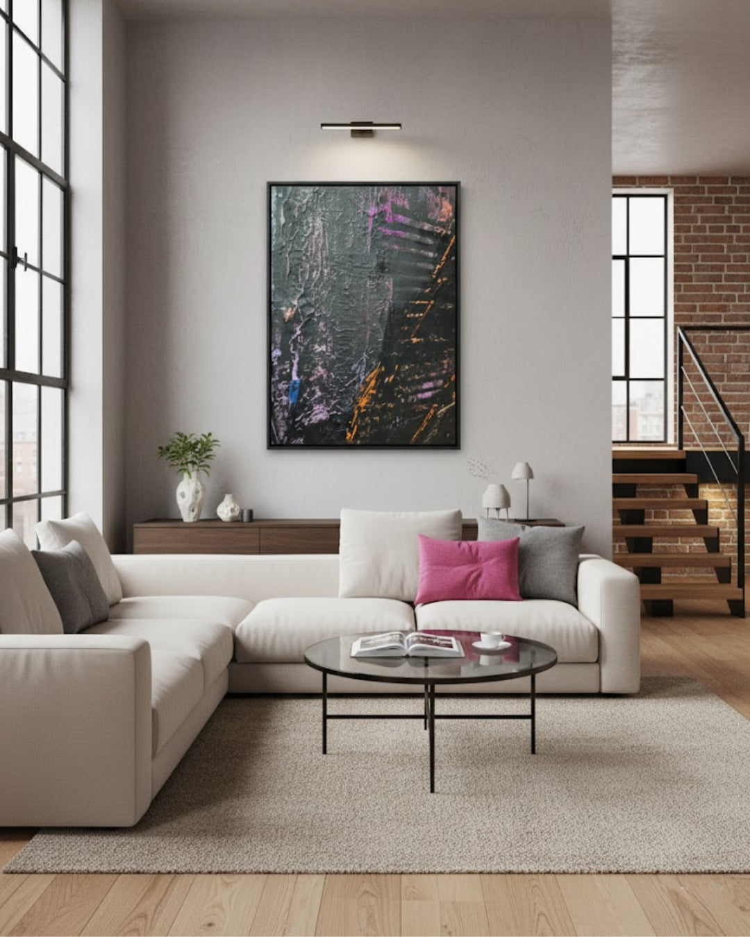 Großformatiges, horizontales Acrylgemälde "Underground" von Sandra Conrad, das von dicker, schwarzer und grauer Strukturpaste dominiert wird. Feine Linien und Spritzer in fluoriszierendem Orange, Blau, Lila und Pink setzen leuchtende Akzente.